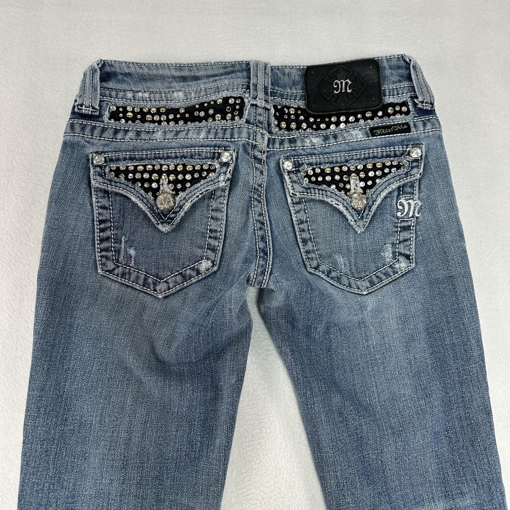 Miss‎ Me Jeans Womens 26 Blue Bootcut Distressed Rhinestone Embellished Stretch
